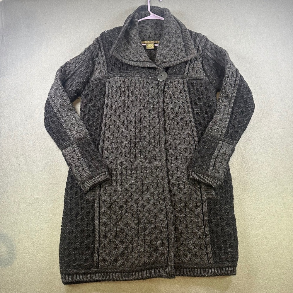 Inis Crafts Merino Wool Cable Knit Long Cardigan Sweater Charcoal Grey Ireland M